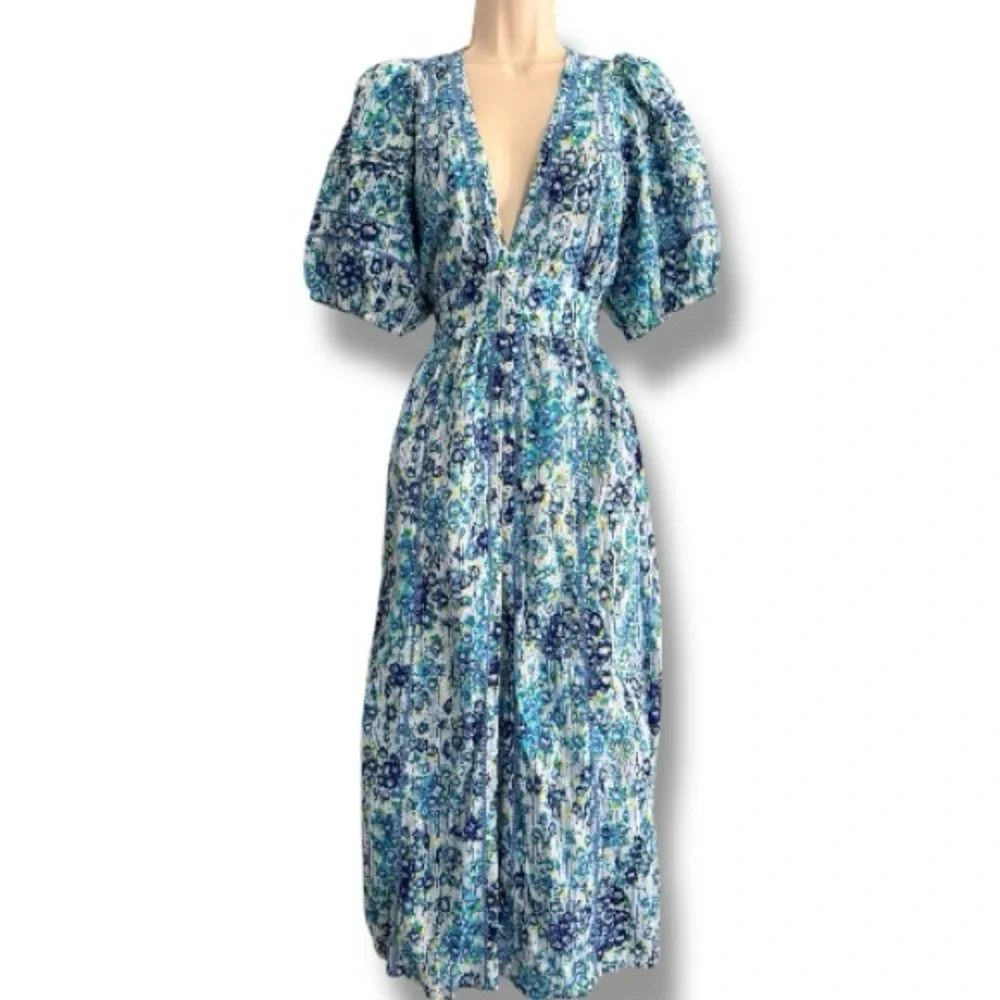Poupette St Barth Reine Midi Dress in Blue Aquarelle Size Medium
